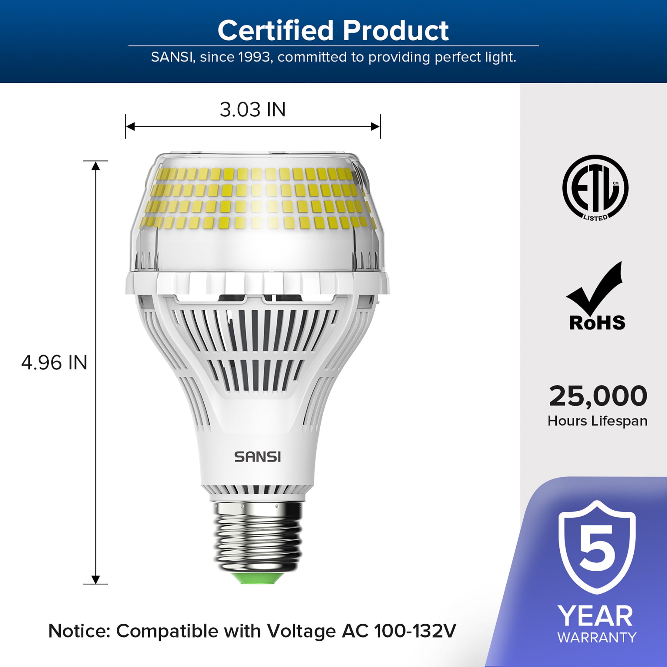 SANSI 40W (400W Equivalent) A21 LED Light Bulb, 6000 Lumens, E26 Base, 5000K Daylight, Non-Dimmable