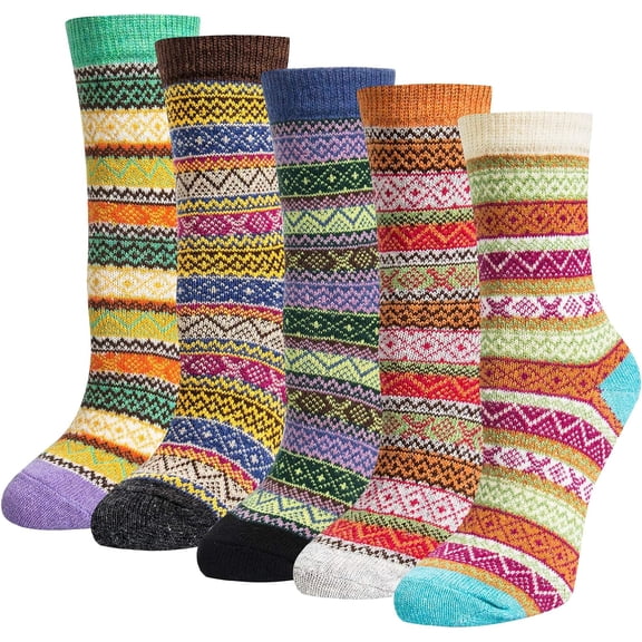 SONGAUN 5 Pairs Merino Wool Socks Womens Thicken Thermal Knitting Crew Ladies Sock for Hiking Backpacking Climbing Winter（green, pink, red） (Green/beige/yellow/purple/blue)