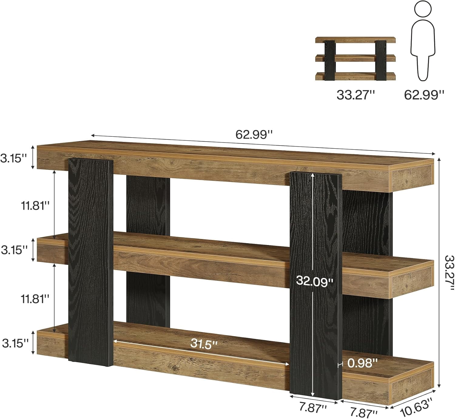 Finmind 63-Inch Farmhouse Console Table, 3-Tier Entryway Table with Storage, Rustic Brown & Black Wood Sofa Table for Living Room, Hallway, Entryway