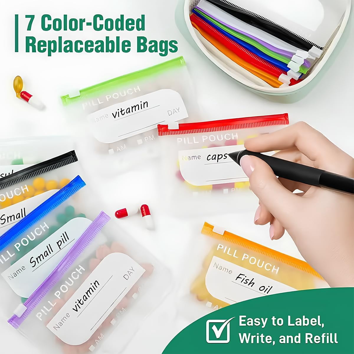 Waterproof Pill Pouch Set, Reusable A8 Waterproof Pill Pouch with 14 Color-Coded Bags Portable Travel Pill Organizer Pouches Large Weekly Pill Organizer for Travel Purse Daily Use (Black)