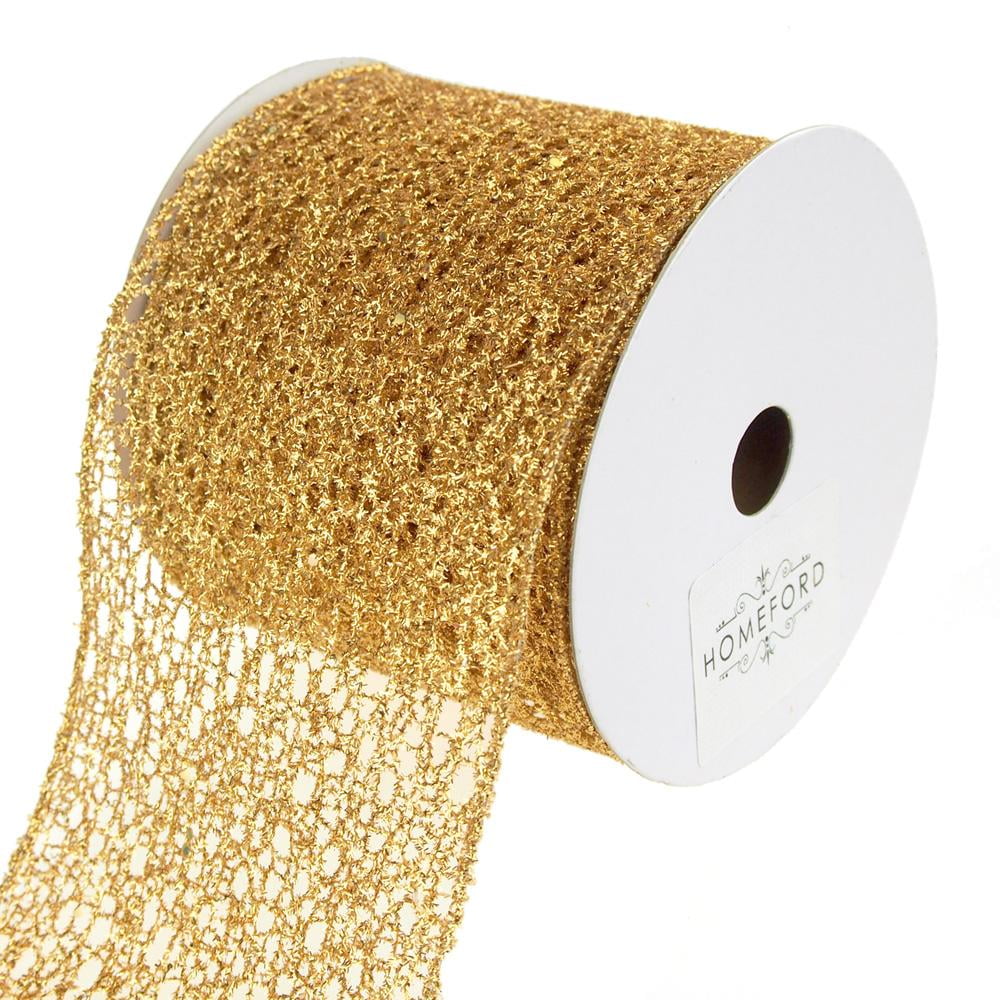 Open Weave Metallic Glitter Tinsel Mesh Christmas Ribbon, Gold, 4Inch