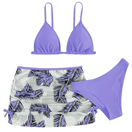 Coerni Girls Swimsuit 3 Piece Tropical Print Bathing Suit Spaghetti Strap Bikini Set with Cover Up Skirt Kids Beach Swimwear