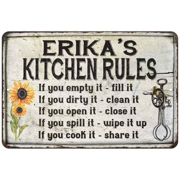 Erika's Kitchen Rules Chic Sign Vintage Décor 8 x 12 Matte Finish Metal 108120032301
