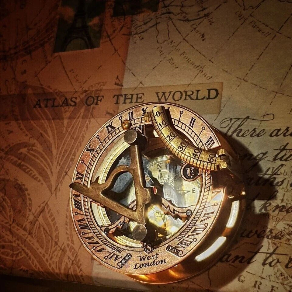 Brass Compass with Leather Case Antique Style Maritime Vintage Sundial Compass