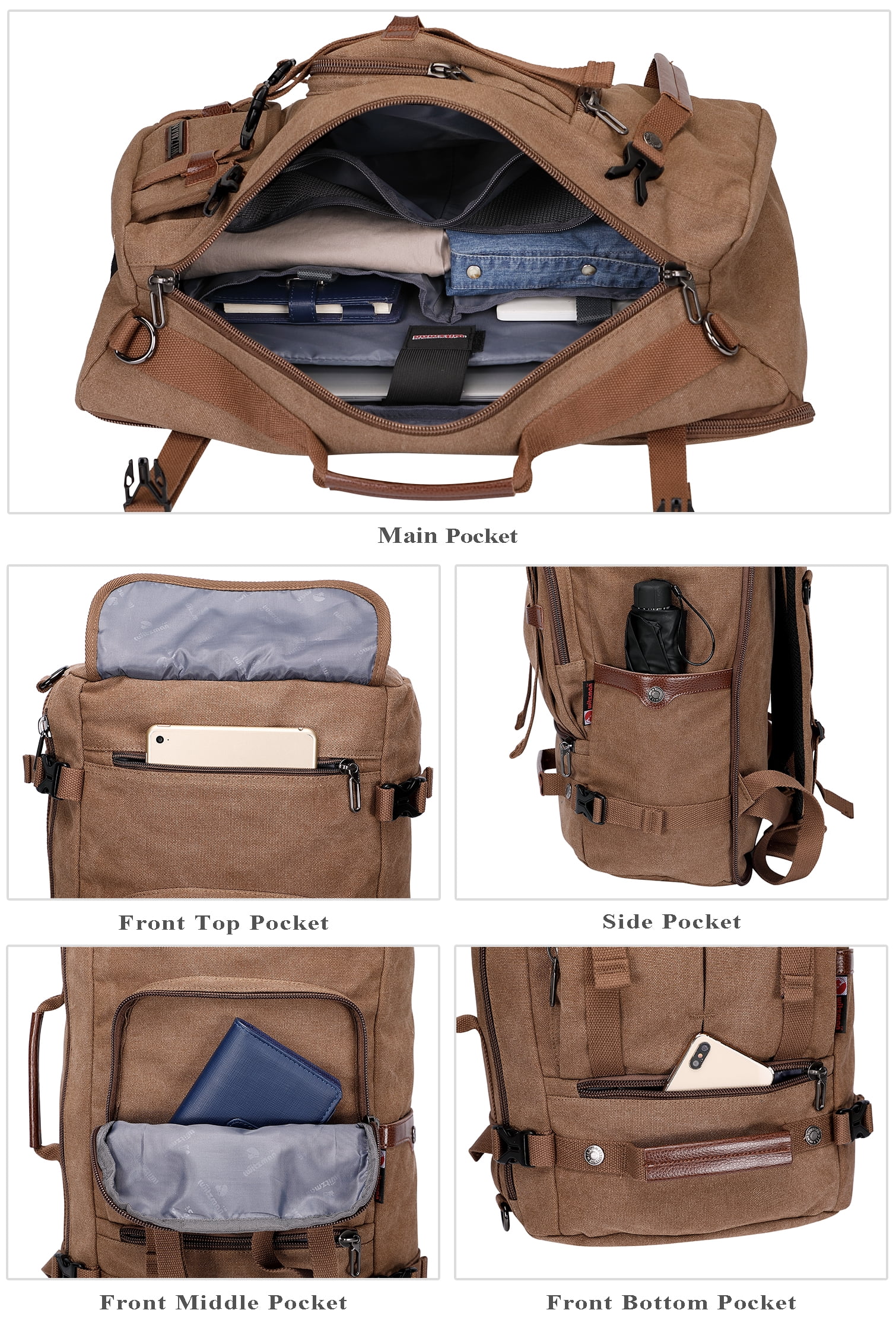 WITZMAN Travel Backpack for Men Large Canvas Backpack Luggage Carry on Duffel Bag A519-1 Brown