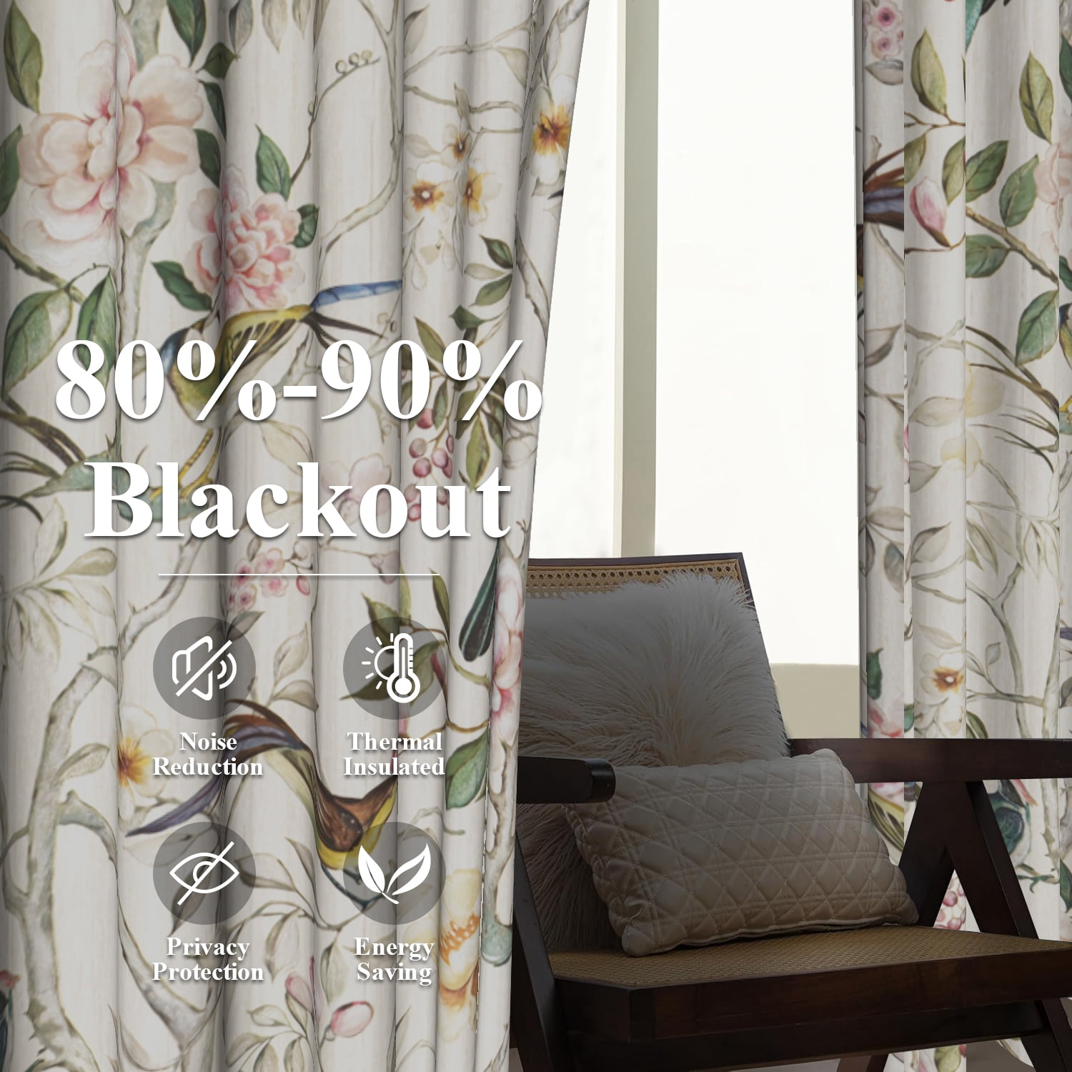 Mizhona Birds Blackout Curtains Set of 2 Panels 84 inch length,Floral Printed Room Darkening Drapes for Bedroom