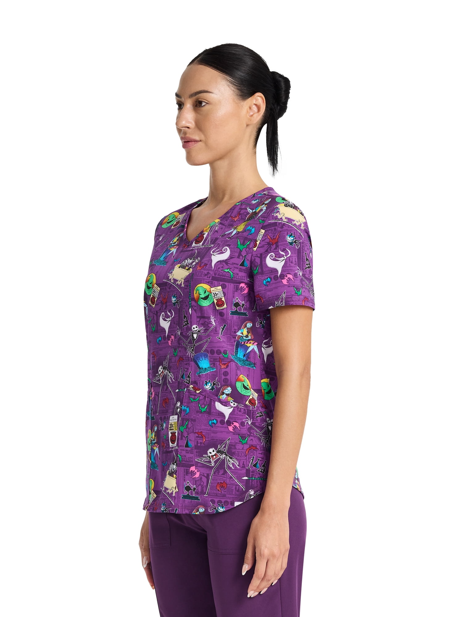 Disney The Nightmare Before Christmas Skellington Women's V-Neck Print Scrub Top, Sizes XS-3XL