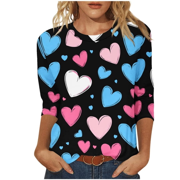 WREESH Women's 3/4 Sleeve Tops Valentine's Trendy Heart Printed Shirts Blouses Casual Summer Crew Neck T-Shirts Black