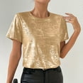 thumbnail image 6 of Womens Short Sleeve Dressy Tops Summer Trendy Casual Shiny Velvet T Shirt Crew Neck Casual Tunic Tees (XL, Gold), 6 of 8
