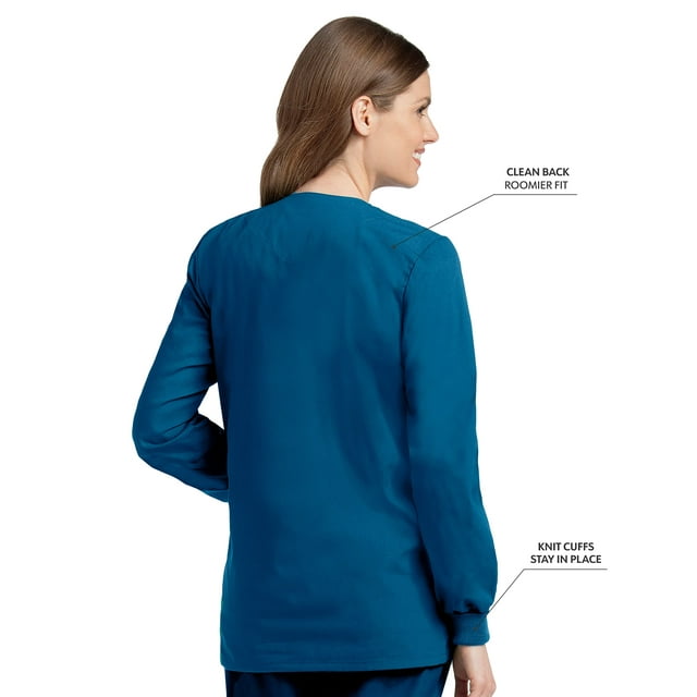 Landau Essentials Veste d'Uniforme à 4 Poches pour Femmes : Coupe Classique et Décontractée, Col Ras du Cou, devant à Boutons-Pression et Poignets en Tricot 7525