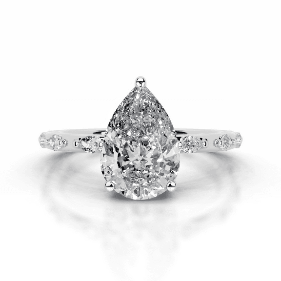 Kalapi Jewelry Pear Cut Excellent 2 Ct Moissanite Ring for Women's - Anniversary Gift - Silver 14K White Gold Plated Ring for Her - Solitaire with Accent Moissanite Ring