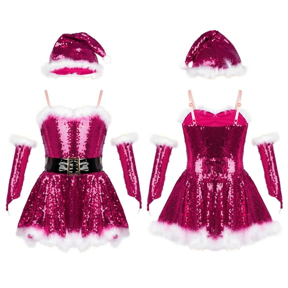 TiaoBug Kids Girls Christmas Dance Outfit Santa Figure Ice Skating Dress Hat Arm Sleeves Set