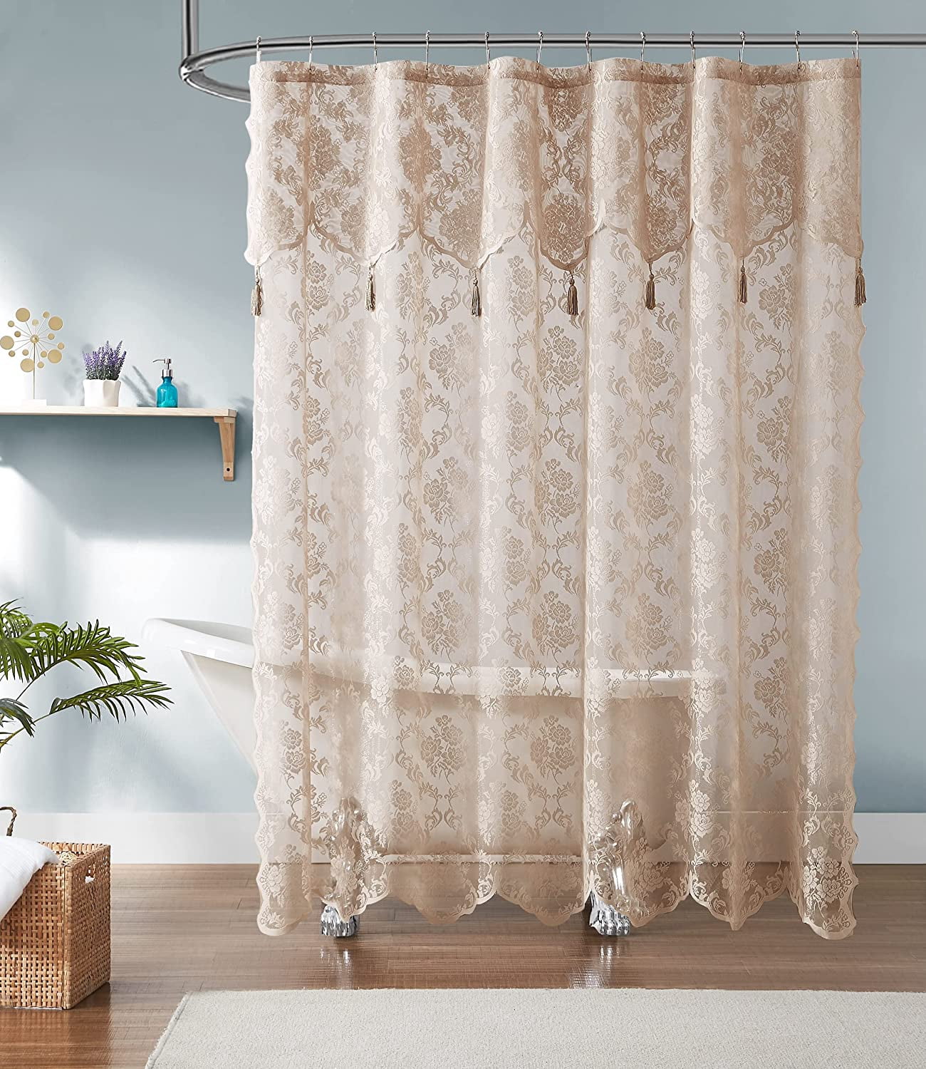 WARM HOME DESIGNS Luxury Lace Shower Curtain with Attached Valance and Elegant Tassels. MSH Linen 72