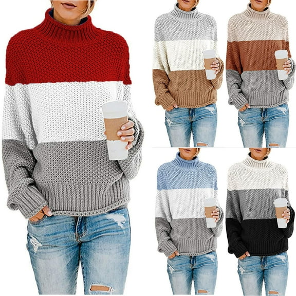 Utoimkio Women's Turtleneck Sweater Cable Knit Long Sleeve Color Block Pullover Sweaters Fall Winter Loose Fit Pullover Tops for Women
