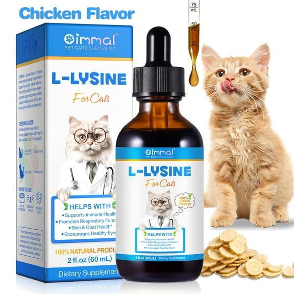 Oimmal Lysine for Cats Tear Stain Remover Liquid, with L-Lysine, Astragalus, Burdock, Immune, Respiratory & Eye Health Support, Natural Chicken Flavor | 2 fl oz