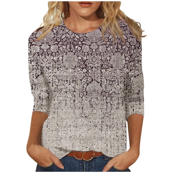 T Shirts For Women Womens Tops 3/4 Length Sleeve Tops Summer T Shirts Floral Print Crew Neck Casual Basic Tee Fit Tunic Tops Blouse