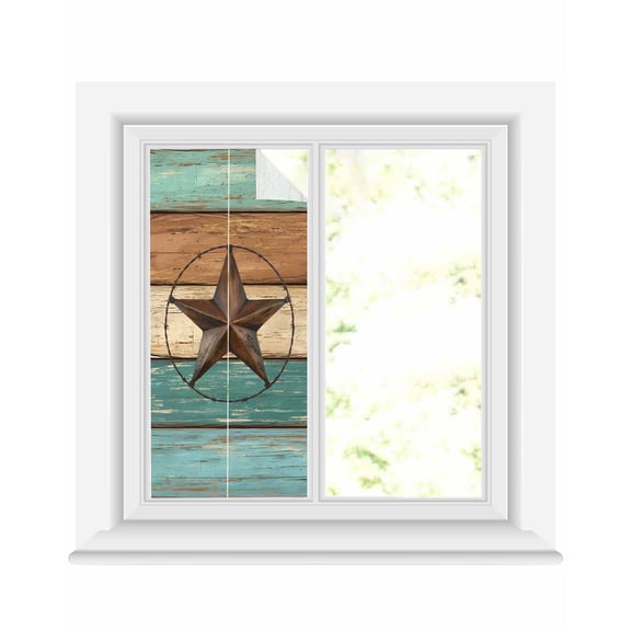 Window Privacy Film Teal Brown Stained Glass Window Film Decorative Sun Block Window Cover Country Texas Star Farmhouse Barn Door Wood Window Clings Static Adhesive Sticker for Bathroom 19.6"x39.3"