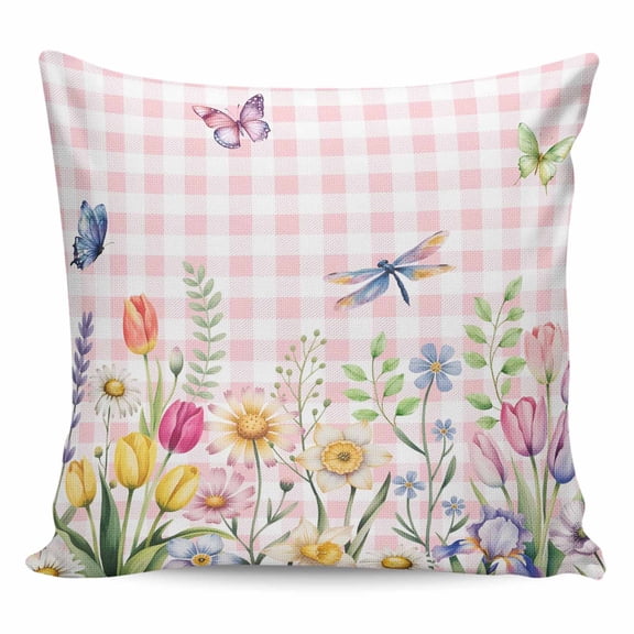 Throw Pillow Covers 16x16 Inch, Wildflowers Decorative Pillow Cases for Couch Sofa Bed, Spring Watercolor Tulip Floral Leaf Pink Plaid Cotton Linen Square Home Decor Pillowcases with Hidden Zipper