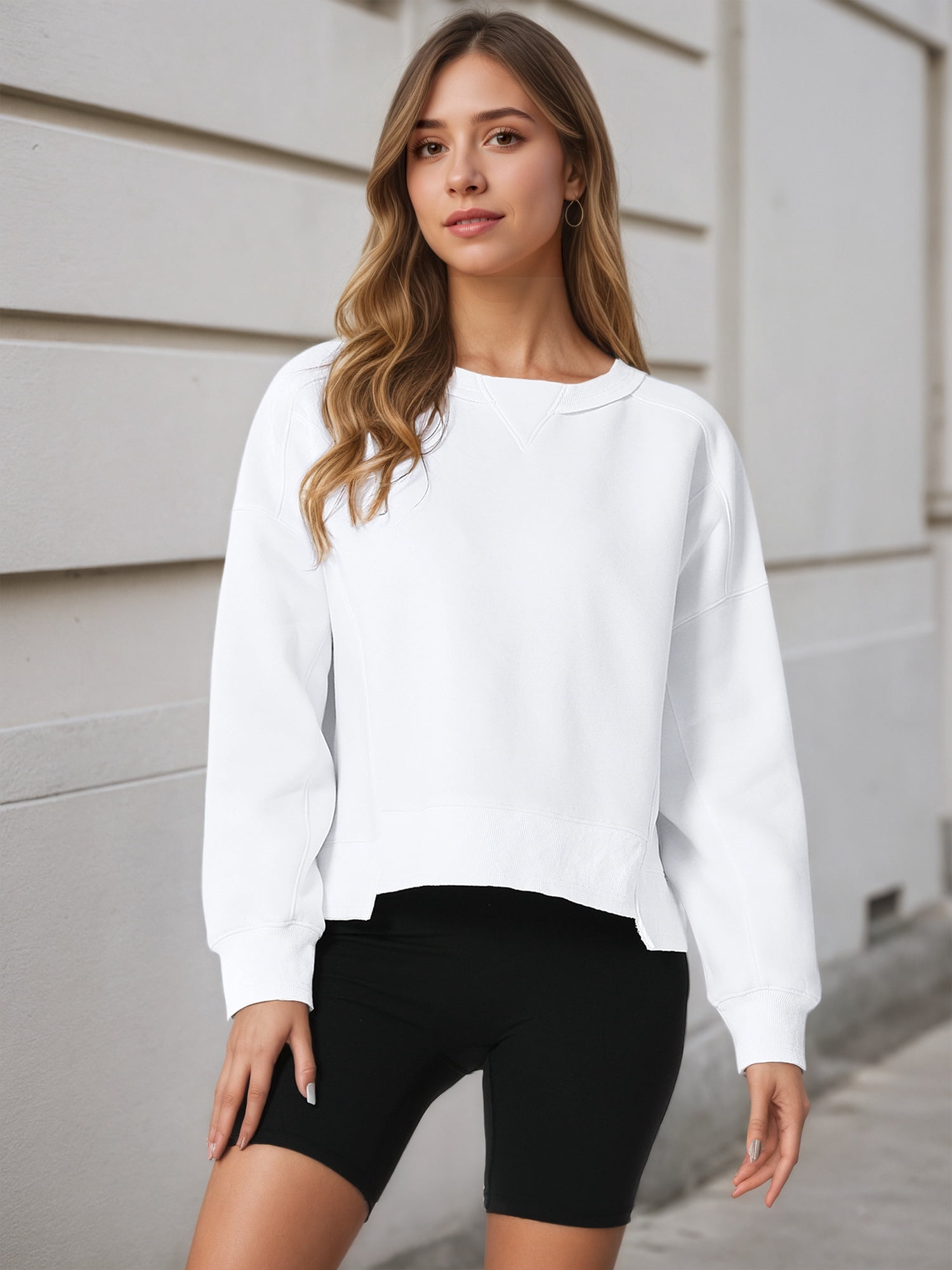 Unique Bargains Women Crew Neck Fleece Pullover Oversized Cropped Sweatshirt S White