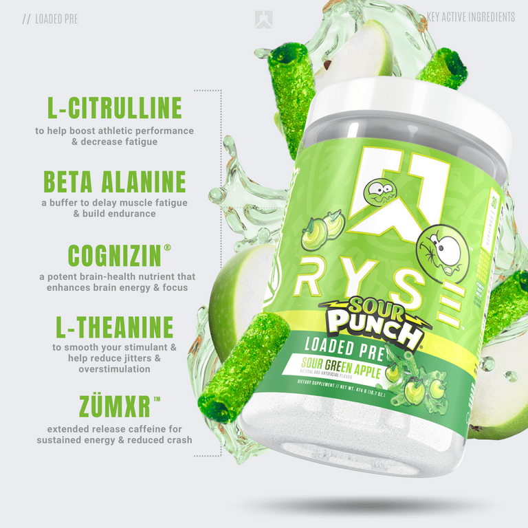 RYSE Loaded Pre Workout Powder Supplement for Men & Women | Pumps, Energy,  Focus | Beta Alanine + Citrulline | 390mg Caffeine | 30 Servings (Sour  Punch Green Apple) - Walmart.com