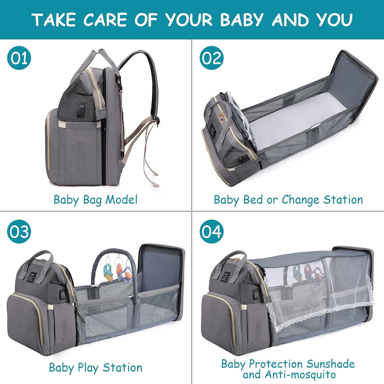 RSENFREMIOR Diaper Bag with Changing Station for Mom Dad, Large Capacity Travel Backpack with Stroller Straps ,3 in 1 Waterproof Foldable Changing Bag with Foldable Crib for Girls Boys