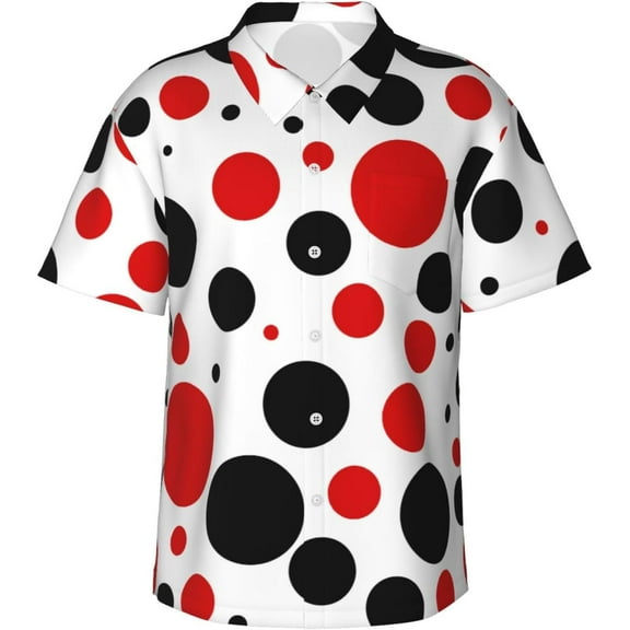 Dot Red and Black Mens Hawaiian Shirt Short Sleeve Casual Button Up Tropical Summer Beach Shirt