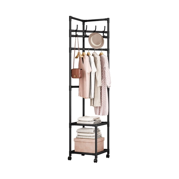 SUOERNUO Black 2-Tier Freestanding Metal Corner Coat Rack, Clothes Organizer with 4 Hooks, Storage Shelves, 360° Swivel Wheels – Furniture for Home Decor, Closet & Small Room Organization (Bedr