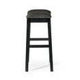 thumbnail image 4 of Maven Lane Adrien 31" Wood Barstool - Handcrafted Aged Black Finish with Charcoal Black Vegan Leather Upholstered Saddle Seat for Comfort - Durable Backless Barstool for Kitchens, Dining Rooms, Pub, 4 of 5