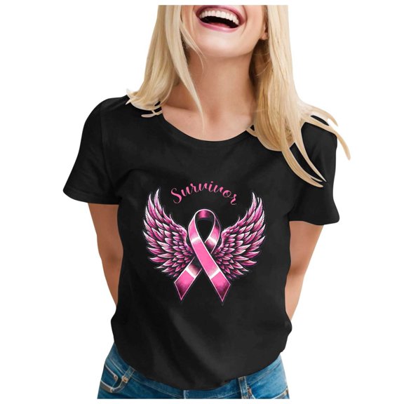 Cancer Shirts for Women Pink Ribbon Print Short Sleeve Tees Summer Casual Fight Cancer Crew Neck Tops