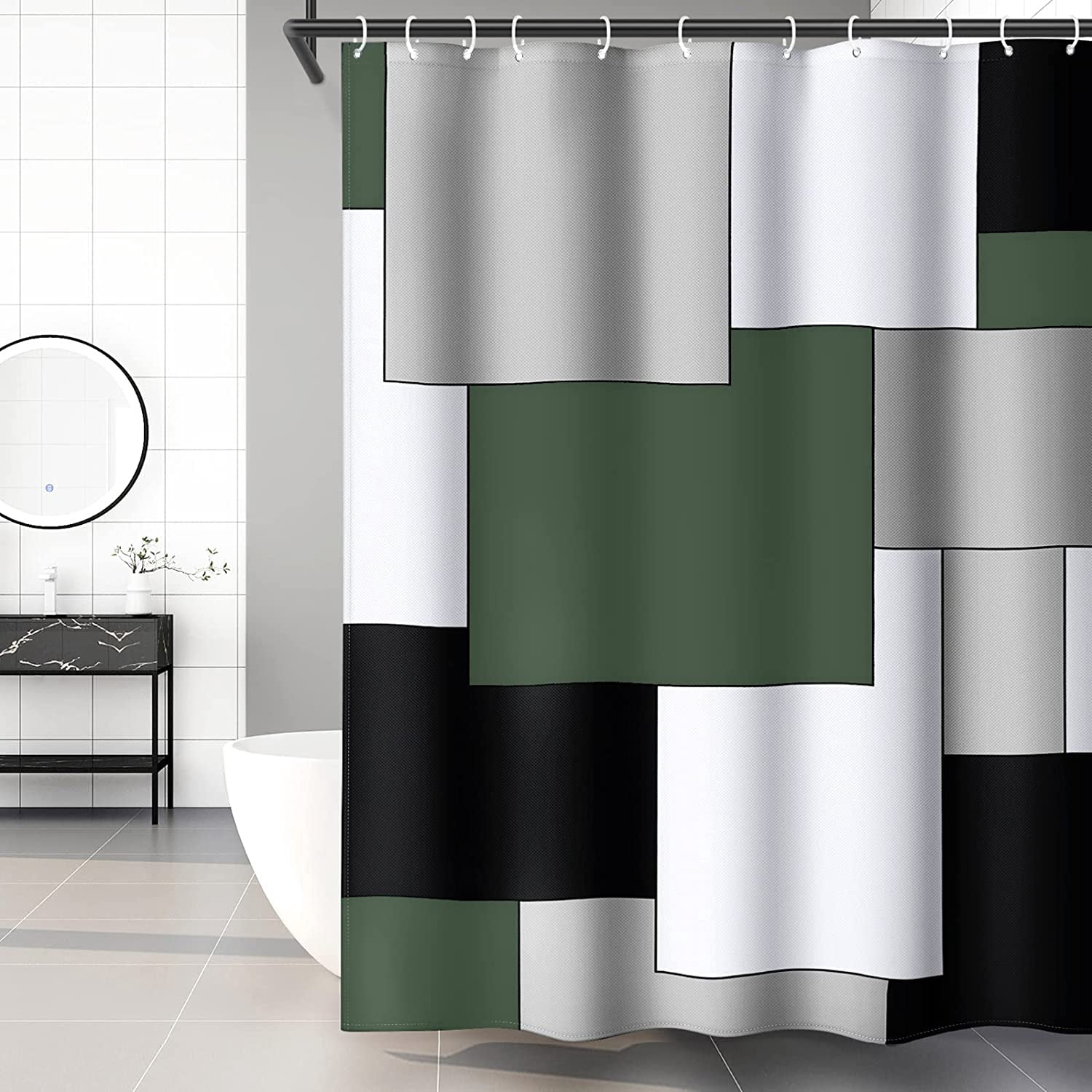 Alpine Green Shower Curtain Modern Bathroom Accessories Decor Black Gray White Shower Curtain Set with 12 Hooks 72x72 Inches Sage