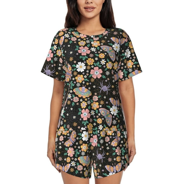 Fotbe Floral Insects Conjunto de Pijama Estampado para Mujer, 2 Piezas, Ropa de Dormir con Camiseta de Manga Corta y Shorts Suaves-Small