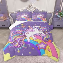 Homewish Dreamy Purple Unicorn Bedding Comforter Set, Cartoon Stars Rainbow Twin Comforter Sets, Kawaii Cute Animal Bedding Set, Microfiber Bedroom Decor, 2-Piece