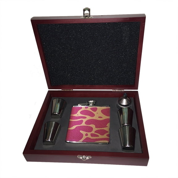 KuzmarK 6 oz. Leather Flask Set in Rose Wood Presentation Box -  Cowhide Pink