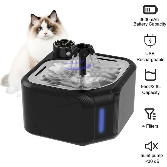 Cordless Cat Water Fountain Rechargeable, 95oz/2.8L Automatic Induction Cat Water Fountain, Anti-Dry Burning Reminder, 3 Work Modes