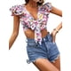 thumbnail image 4 of VISgogo Blusa de manga corta con volantes para mujer, blusas cortas estilo festivo con nudo de corbata frontal estampado floral, blusas simples informales VISgogo  moda, 4 of 7