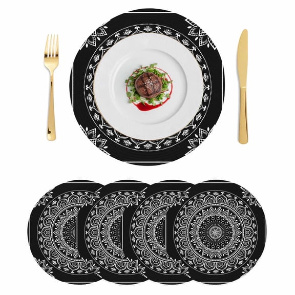 Black Boho Round 13 Inch Placemats Set of 4, Retro Farmhouse Neutral Abstract Geometric HeatResistant Non Slip Place Mats for Dining Table, Wipeable Braided Kitchen Table Mats for Housewarming