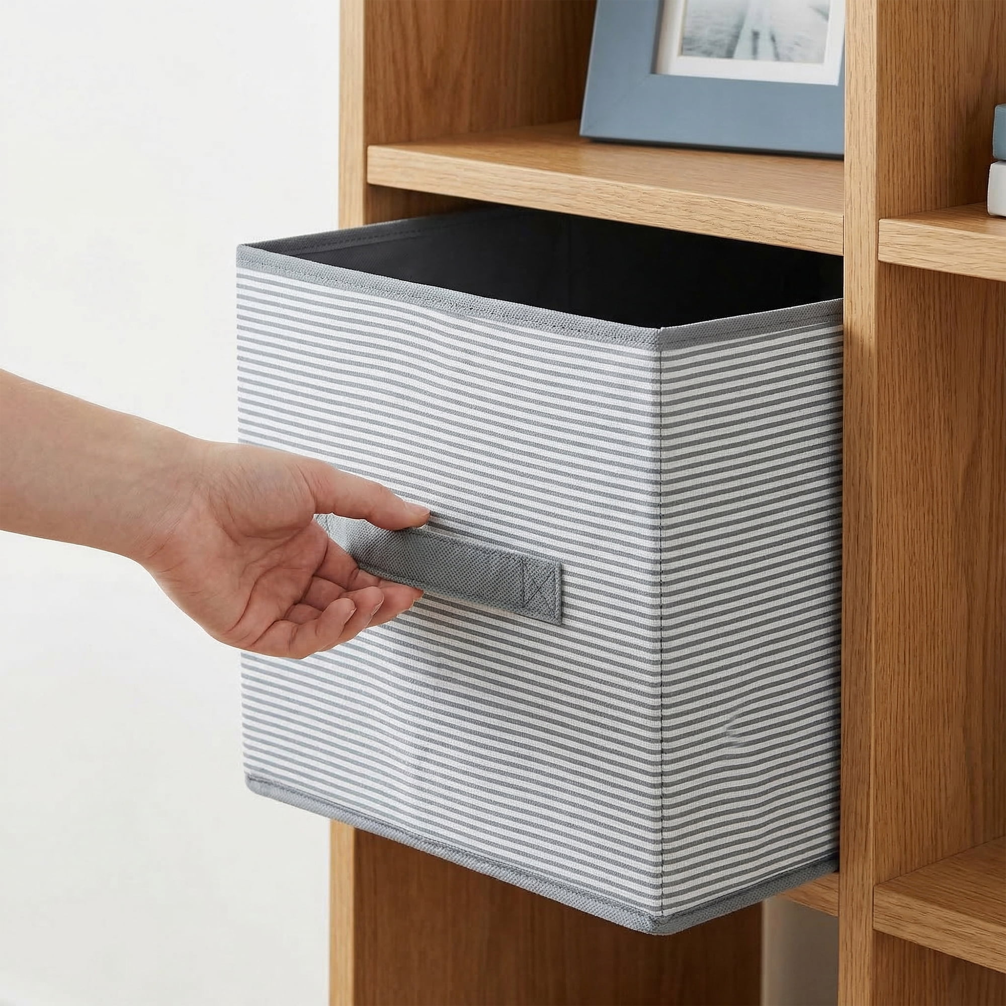 Unique Bargains 3pcs Fabric Storage Bin with Stripe Grey 19.7*13.8*12.6in