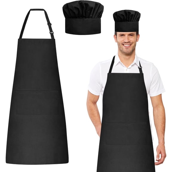 Chef Apron and Hat Set, Chef Hat and Kitchen Apron with Front Pockets for Adult