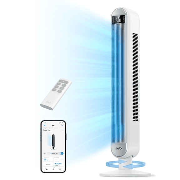 DREO Smart Tower Fan for Home, 42" Standing Fan with WiFi Voice Control, 90° Oscillating Fan for Indoors, 34dB Bedroom Fans, 6 Speeds, 4 Modes, Bladeless Fan with LED, 26ft/s High Velocity, White