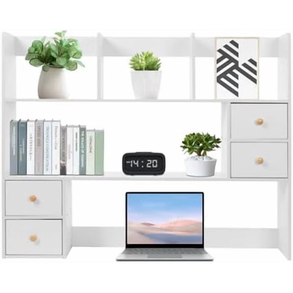 Desktop Bookshelf, High-Capacity Wooden Desk Storage Hutch Organizer, Over Desk Shelf Dorm with 4 Drawers, Wood Expandable Desktop for Office, Library, Living Room, Dorm