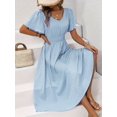 thumbnail image 5 of Women'S Vintage Polka Dot Dress V-Neck Waist Cinching Elegant Short Sleeved A-Line Dress Sky Blue XXL, 5 of 9