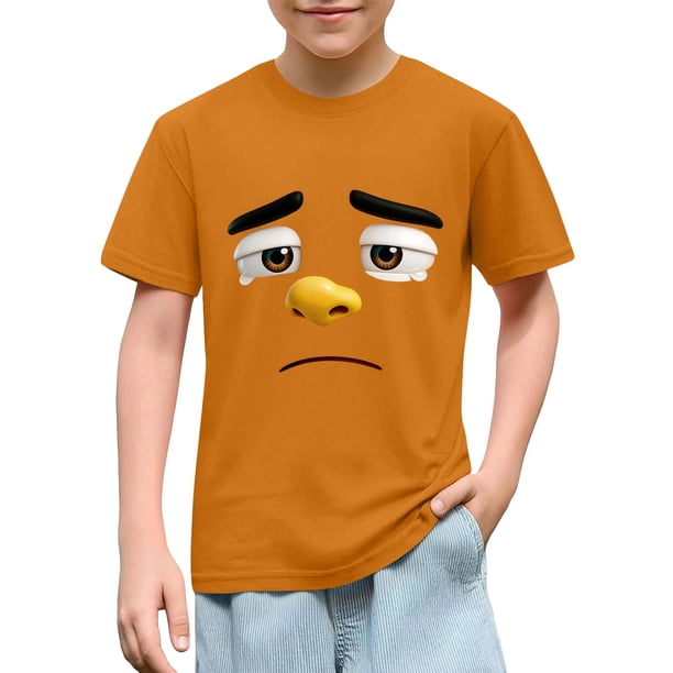 Blusas y camisas de manga corta con cuello redondo para niños y niñas, color liso, con estampado de expresión linda, manga corta, holgadas y cómodas, blusa para niña