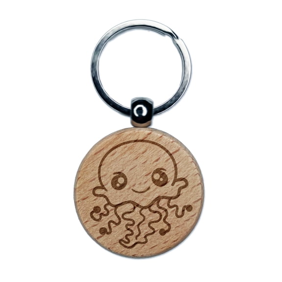 Kawaii Jellyfish Round Keychain Charm Tag - Engraved Wood