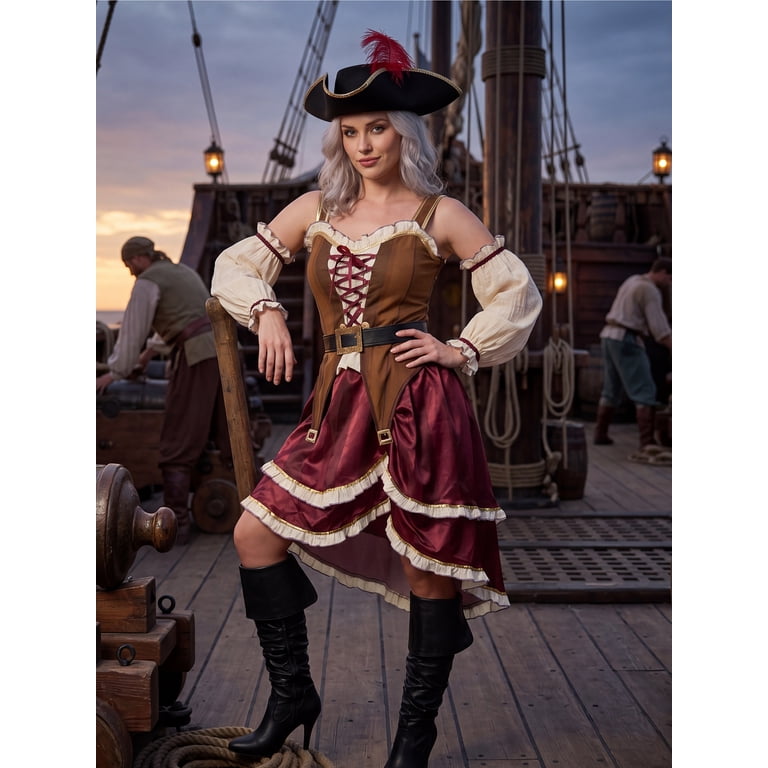 Joyfy Pirate Costume for Women Halloween Adult Pirate Dress with Pirate Hat for Halloween Costume Party Fancy-Dress Costume, Women's, Size: XL, Brown