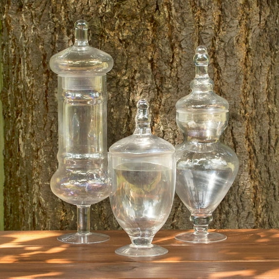 Cake & Candy Displays Apothecary Jars w/ Lids Iridescent Glass Assorted Clear Set of 3