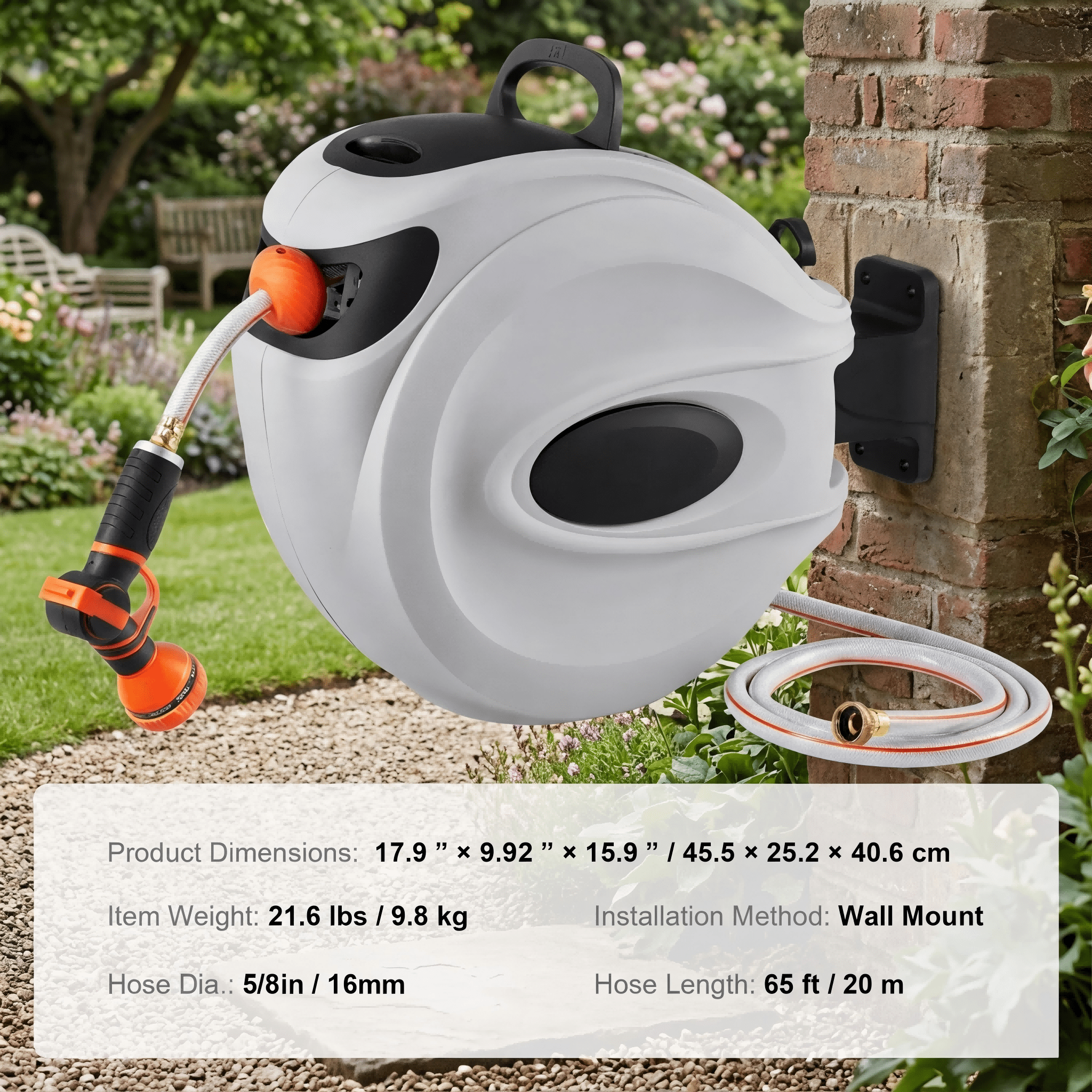 Retractable Hose Reel 65 ft x 5/8 inch, Wall-Mounted Garden Hose Reel with 180° Swivel Bracket, 9-Pattern Nozzle, Automatic Rewind, Lock at Any Length, Slow Return System
