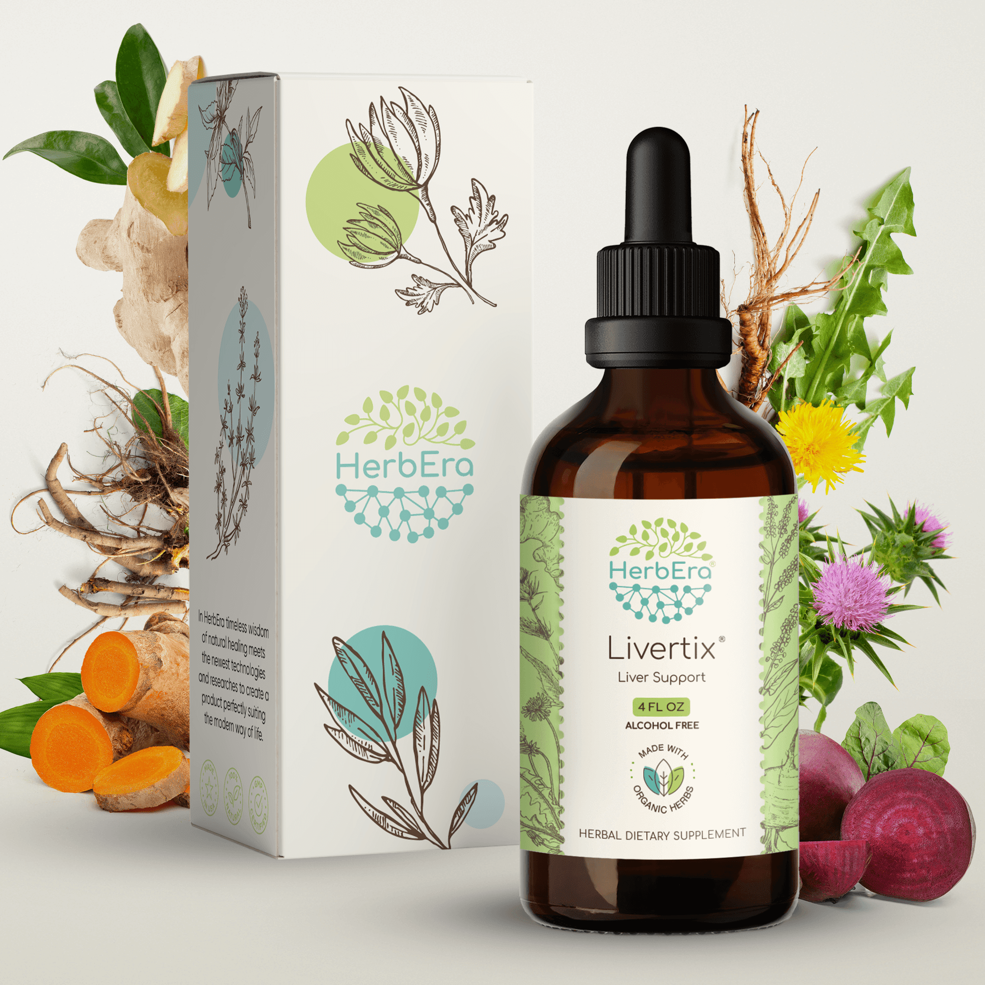 HerbEra Livertix  Extract, Dietary Supplement Herbal Formula, Made from Milk Thistle Seed, Turmeric Root, Yellow Dock Root, Dandelion Root, Beetroot, Ginger Root 4 oz