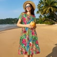 thumbnail image 4 of Picia Peacock Feathers And Flowers Pattern Women's Short Sleeve Summer Dress Pleated Loose Swing Knee Length Short Sleeve Swing Dresses, 4 of 6