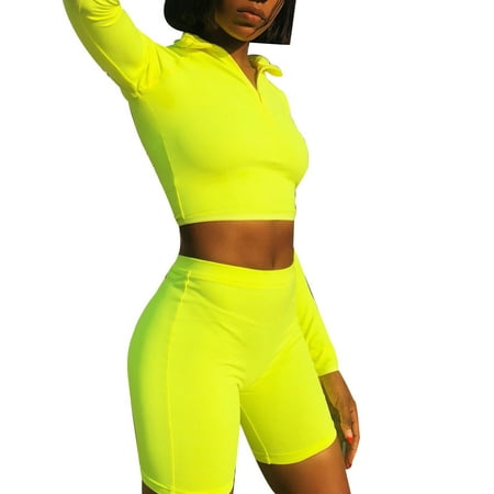 

✪ Women Autumn Fluorescence Fitness 2 Piece Outfit Long Sleeve Zipper Turtleneck C