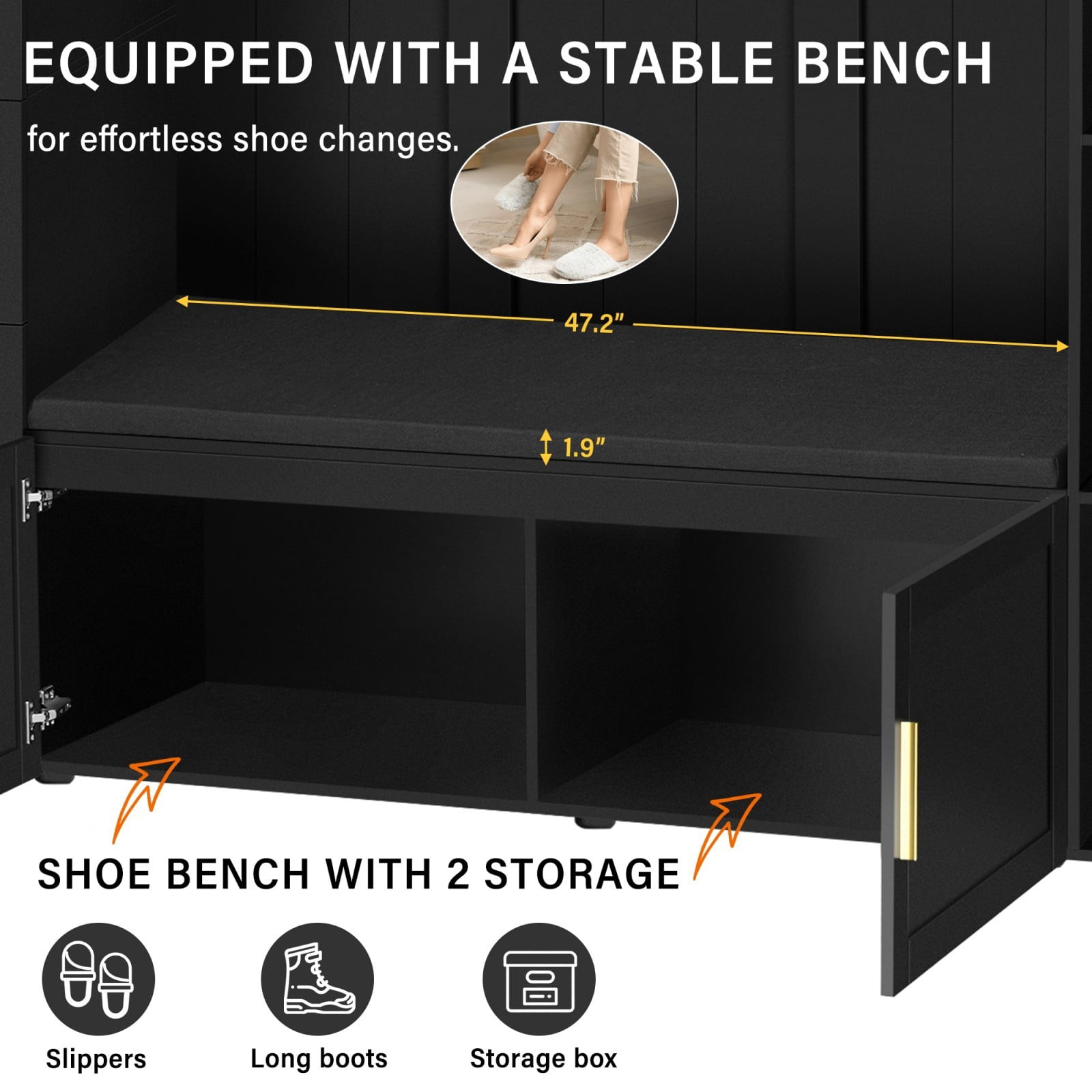 94"W 4-in-1 Entryway Hall Tree with Padded Bench, Coat Rack with 4 Hooks, Adjustable Storage Shelves & Cabinet, Large Mudroom Organizer for Hallway Living Room, Antique Black